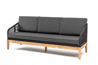 MR1001046 диван плетеный из роупа 3-местный, основание дуб, роуп темно-серый, ткань темно-серая